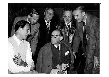 Nr. 269 v.l.n.r. , hinten.  Grimm, Karl Amadeus Hartmann, (x),  vorne Kouzier, Igor Strawinsky, Werner Götzem. München. 1957. Foto privat ©Hartmann-Gesellschaft